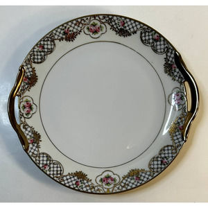VTG Nippon Hand Painted Handled Cake Plate w/Pink Roses & Gold Accent Trim